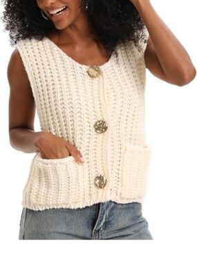 Fashion Brand Company Cream Chunky Knit Vest with Gold Buttons